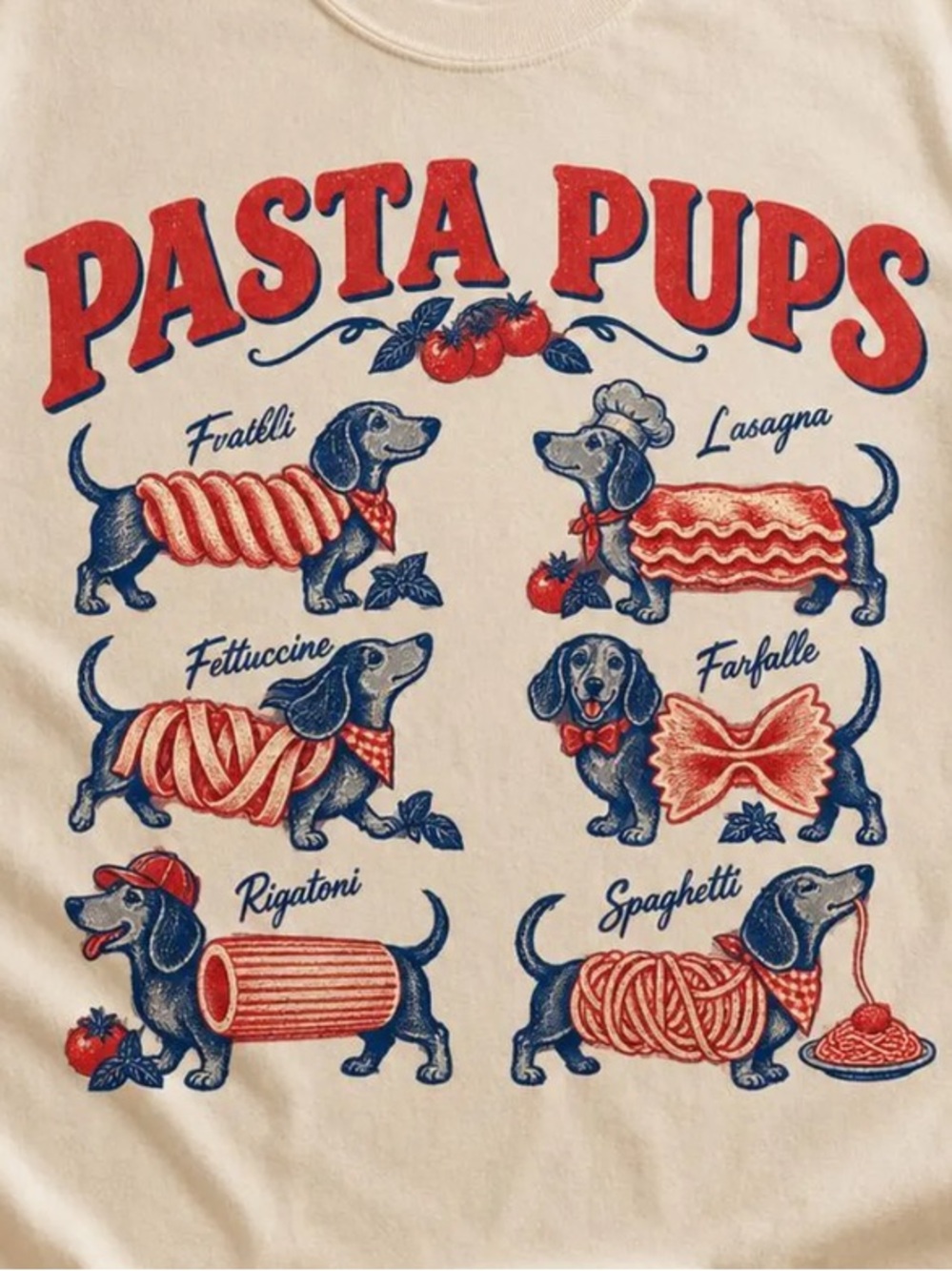 Comfort Colors Pasta Pups Tee - Ivory with Red & Blue